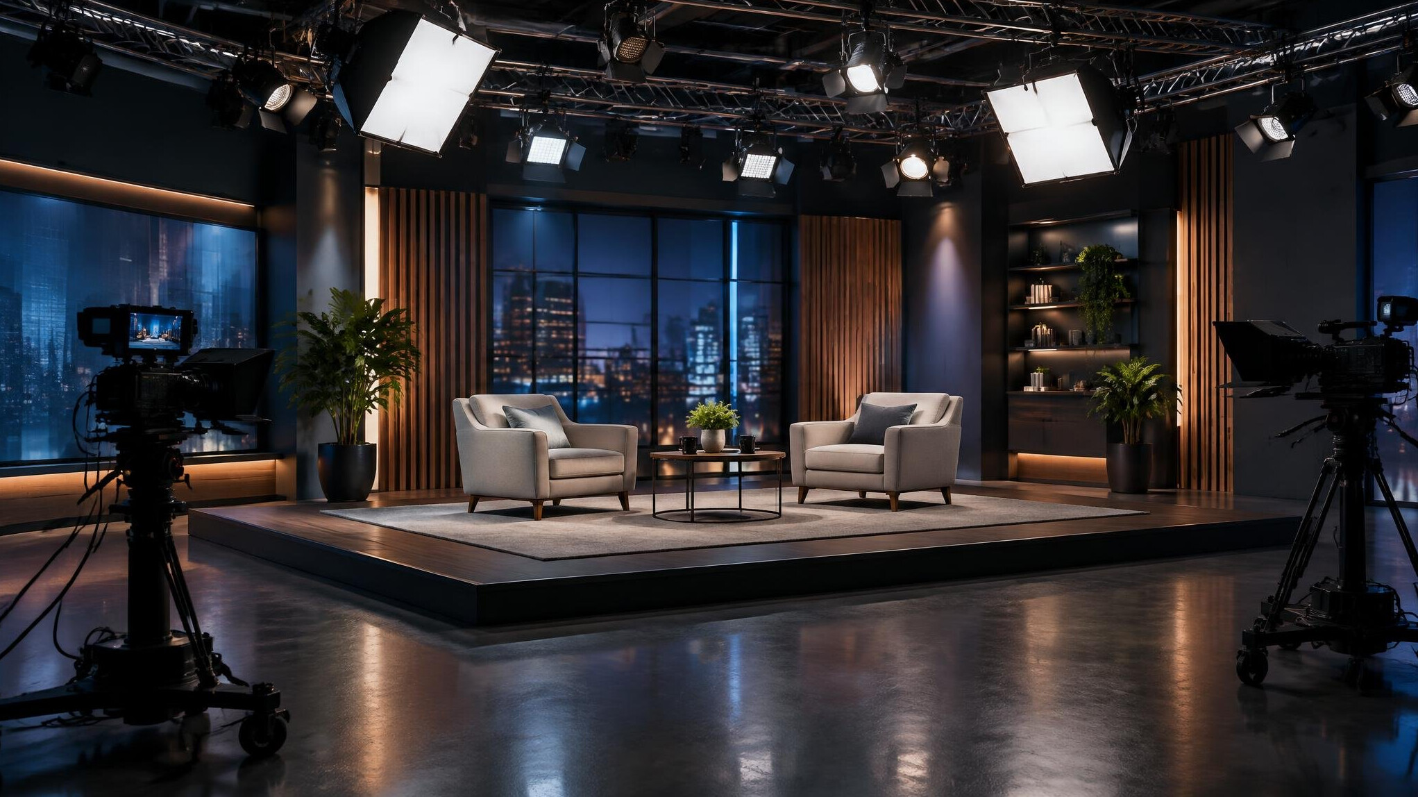 Wide shot of a television studio with lighting rigs and stage set