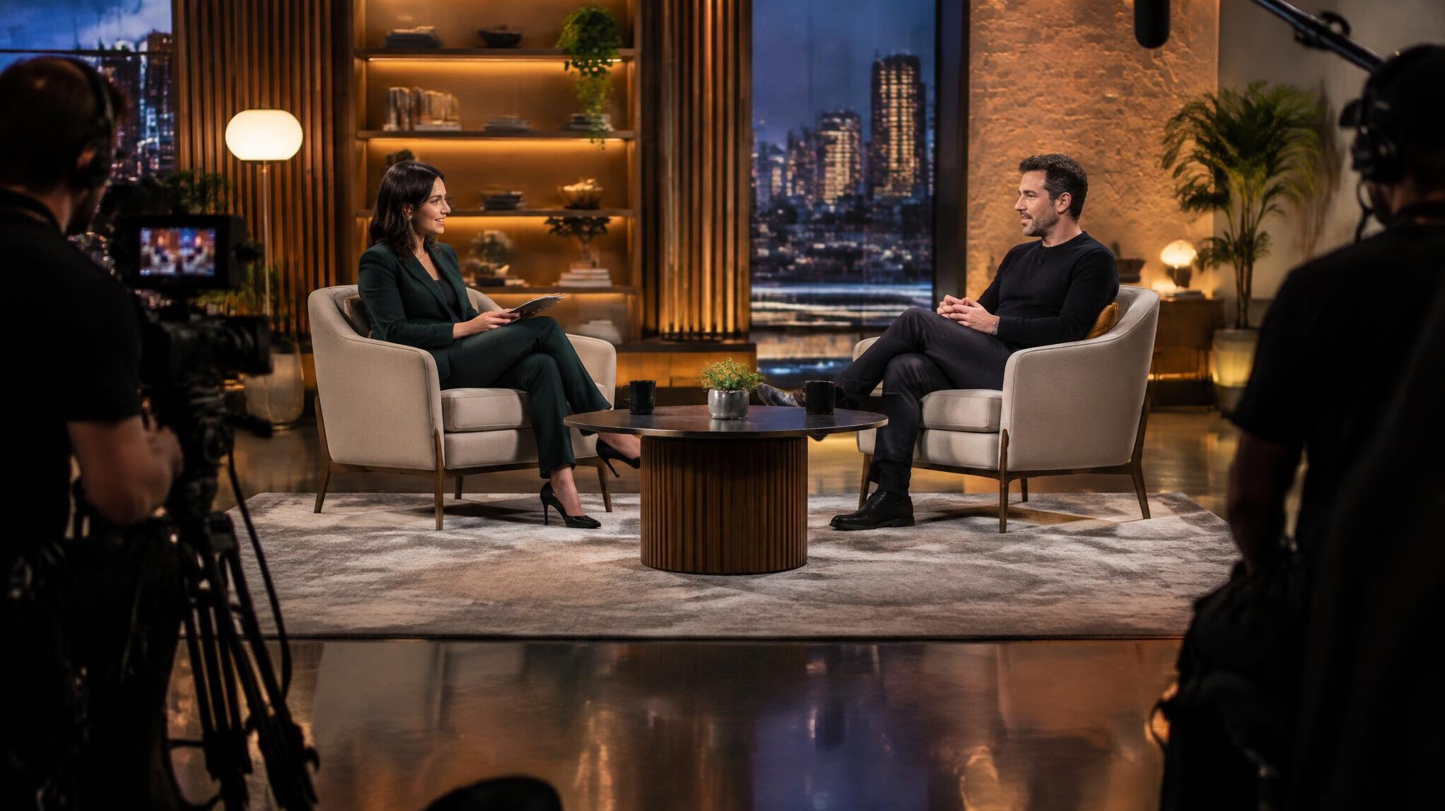 Host and guest seated for a stage interview under studio lights