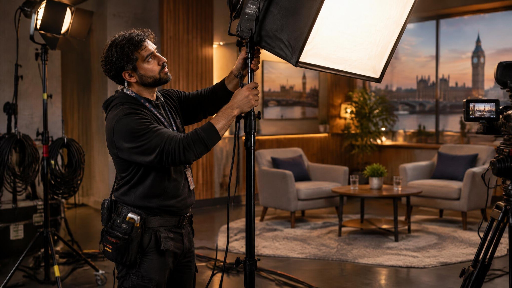Lighting technician adjusting a softbox light for an interview set