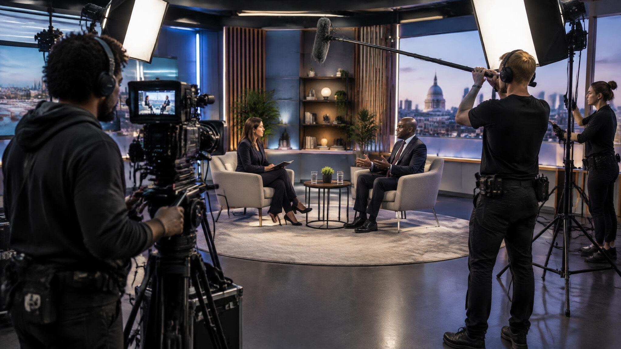Camera crew filming a stage interview under studio lights