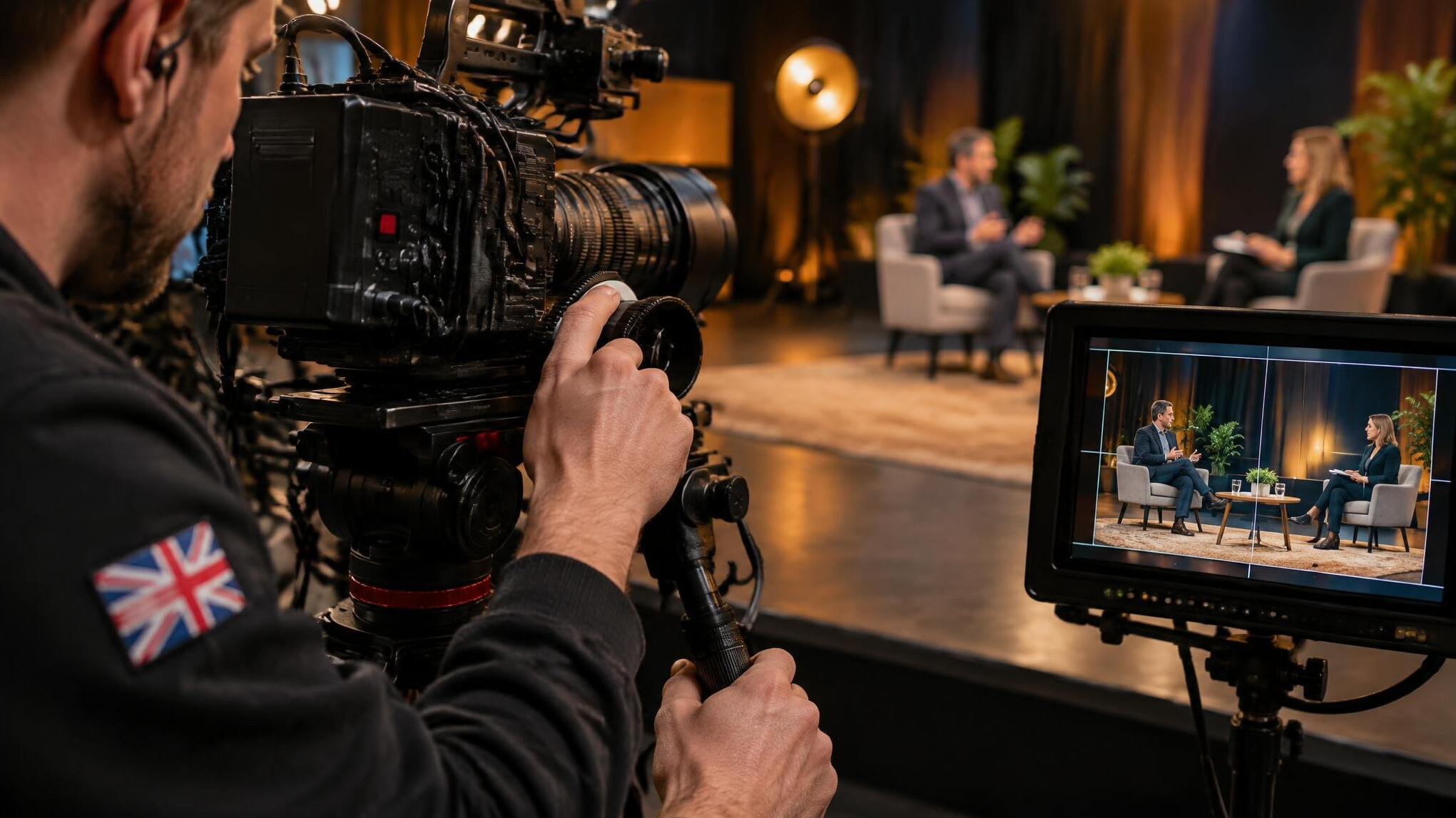 Camera operator framing a shot on a studio monitor